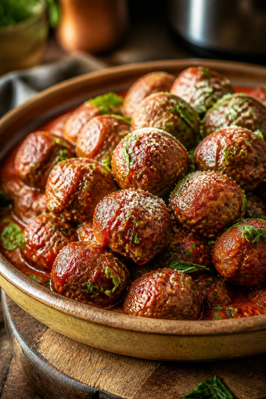 Meatball platter ready for serving with sauce and herbs