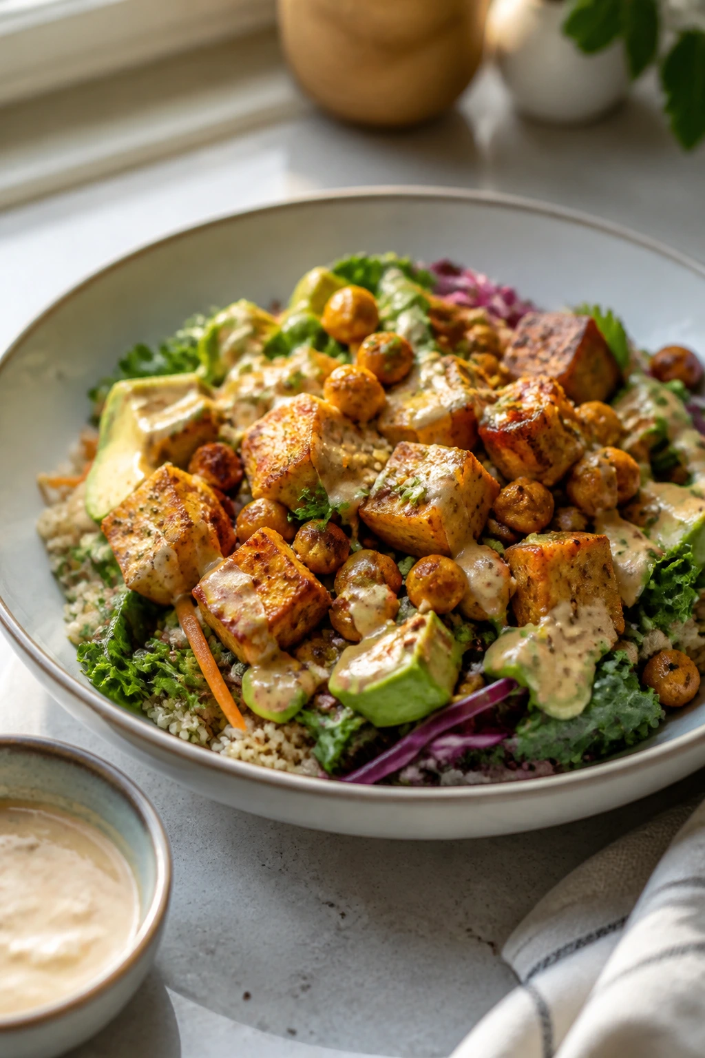 Plated meatless dish with greens and crispy toppings