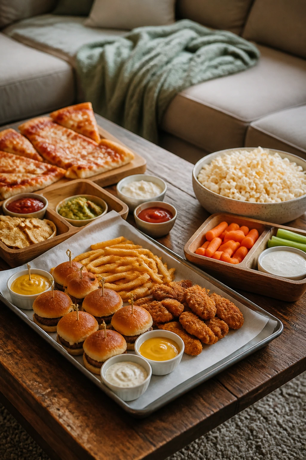 Serving setup with trays and dips for movie-night food