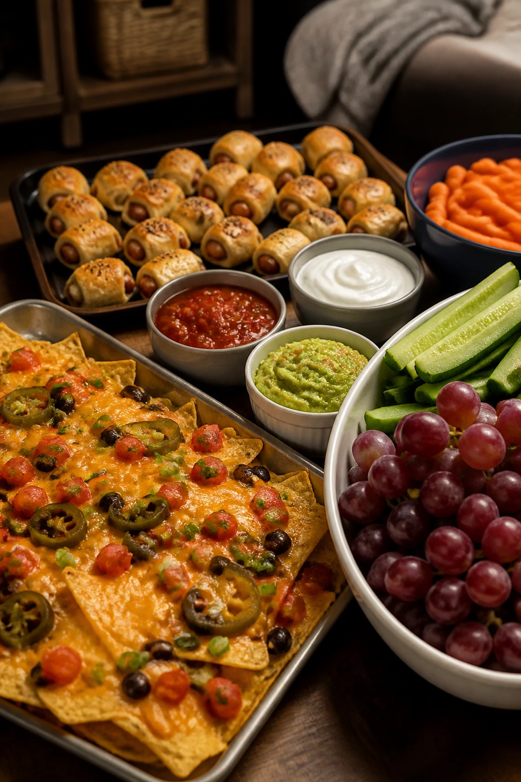 Table with hot and cold snacks arranged for serving during a movie night.