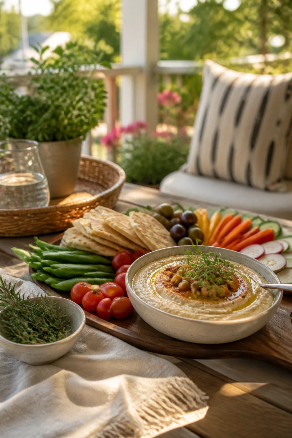 Porch-side serving board with hummus and herbs