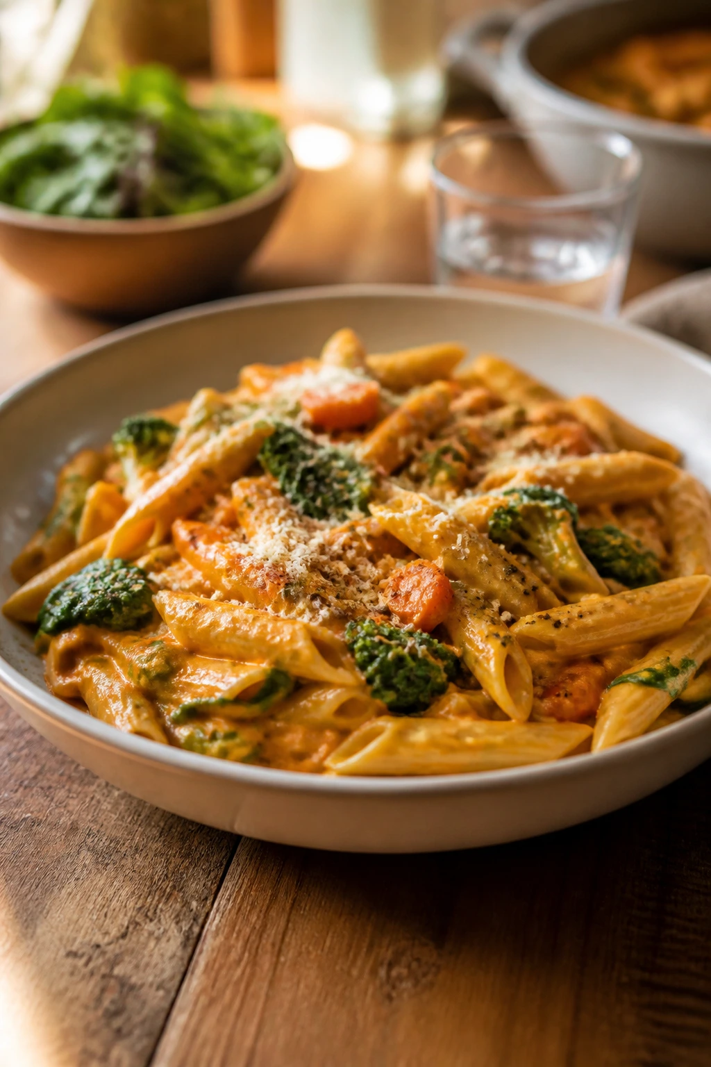 Plated veggie pasta served in a shallow bowl in a warm kitchen