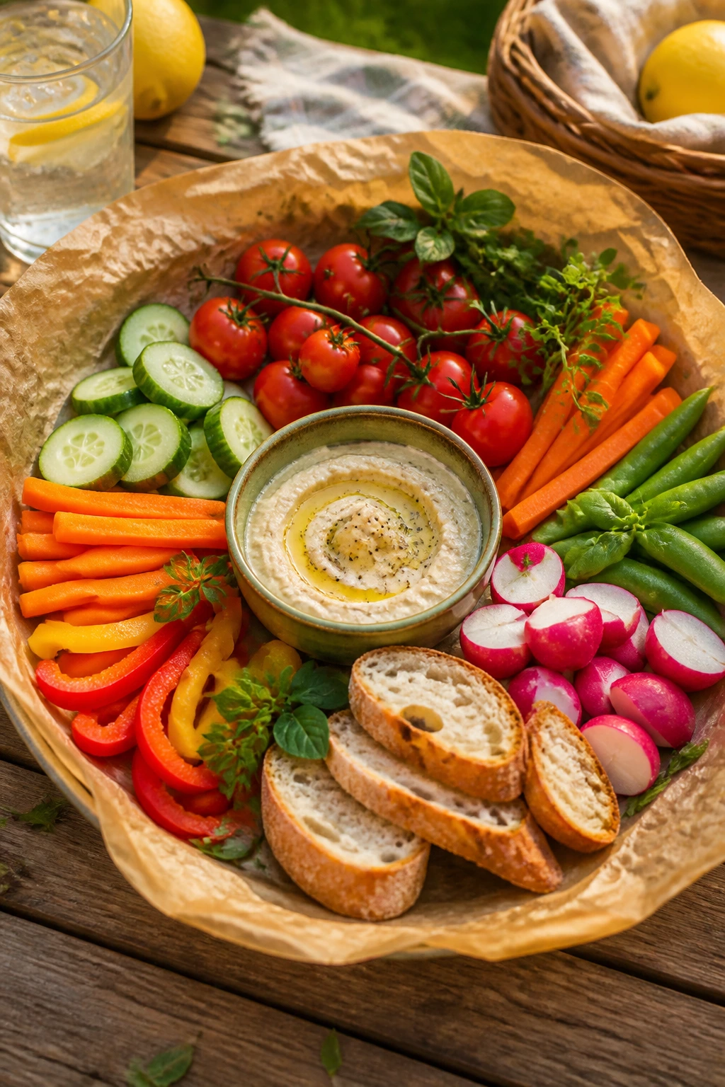 Overhead serving platter for picnic meals on a sunny table