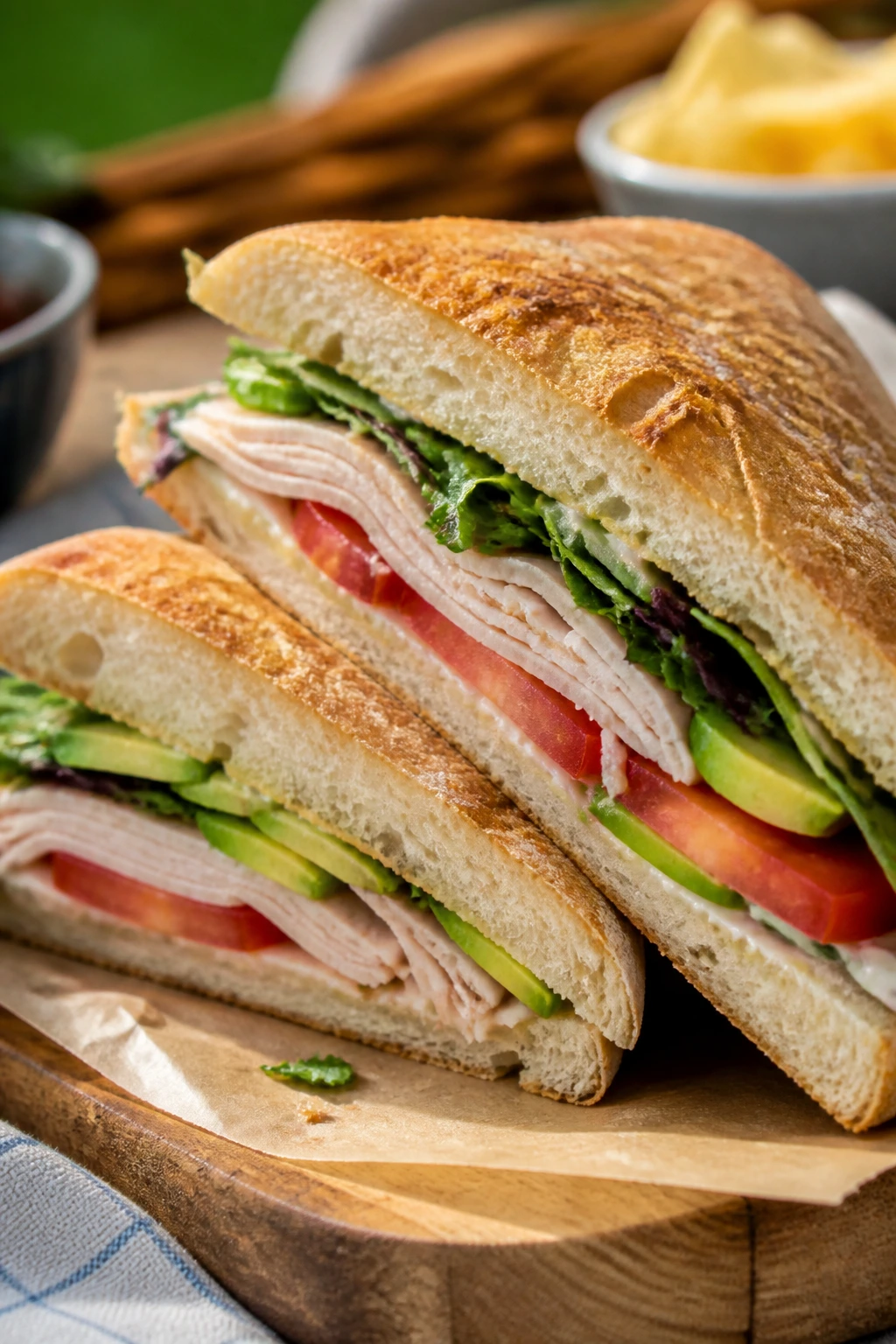 Diagonal-cut sandwich on parchment ready to serve