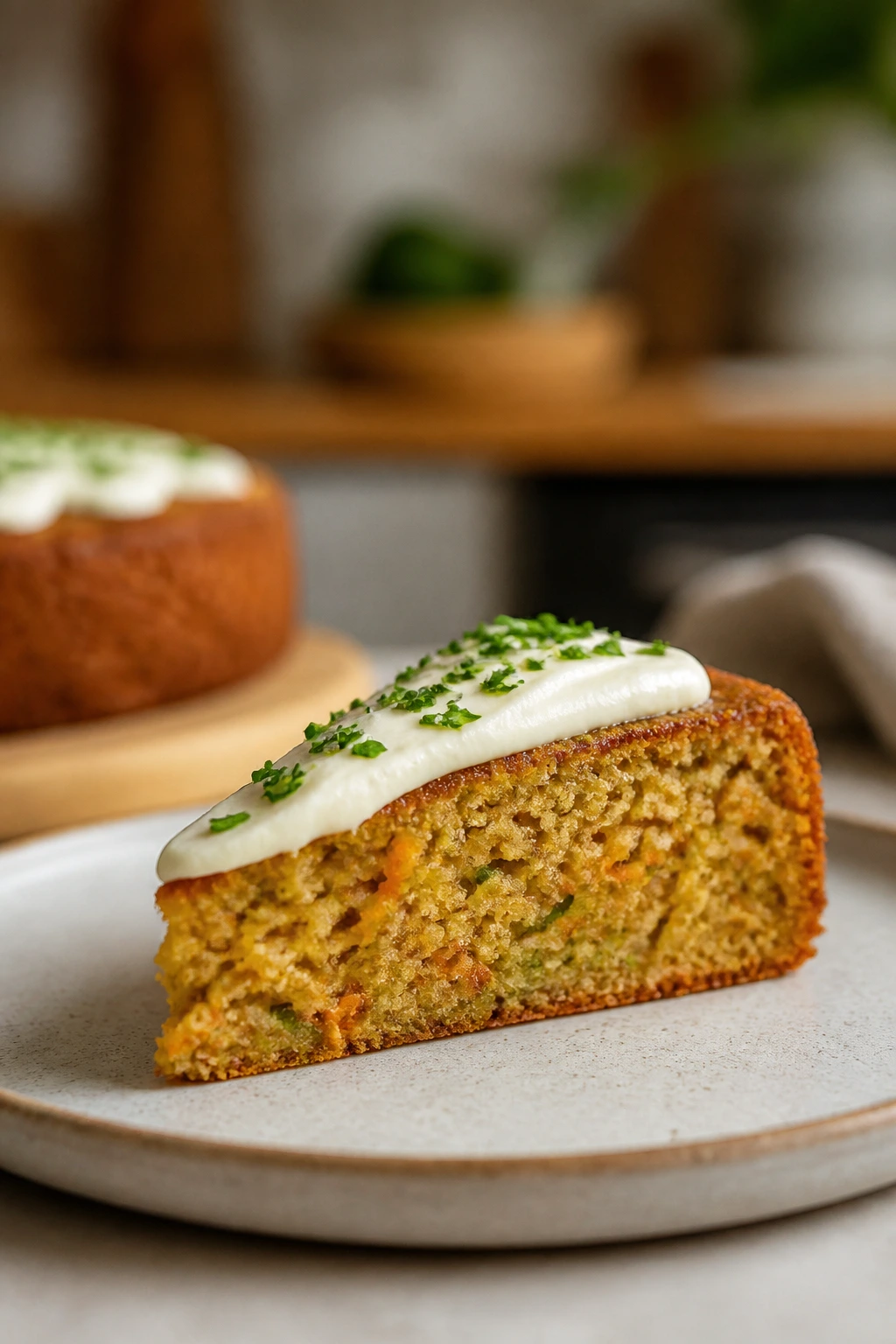 Single plated wedge of savory pie with frosting and herb garnish