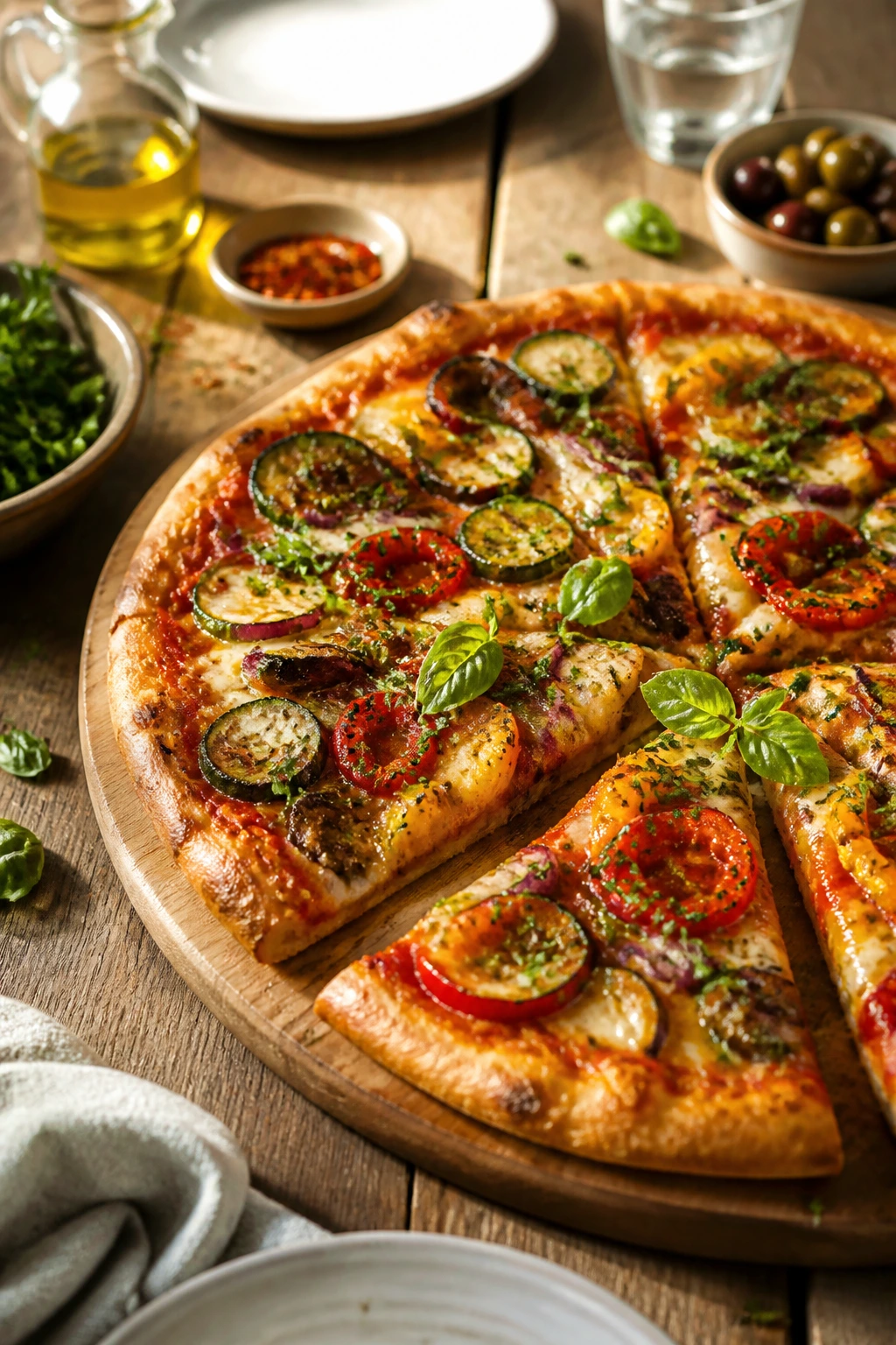 Hot veggie pizza on a wooden board, sliced and finished with herbs
