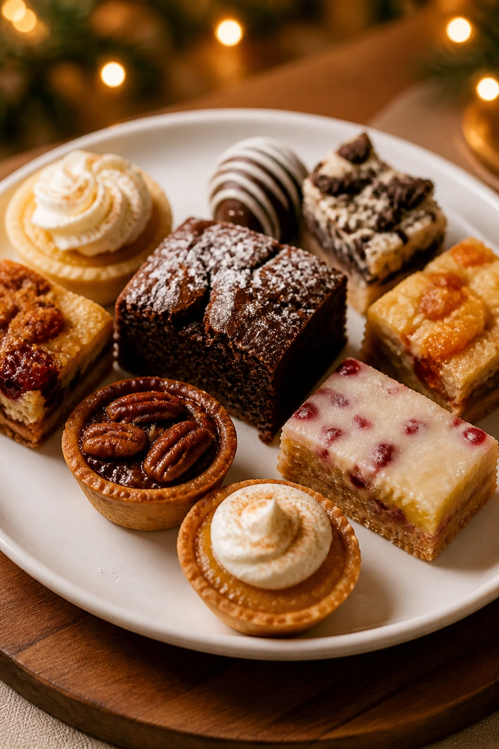 Serving plate of assorted desserts on a wooden board