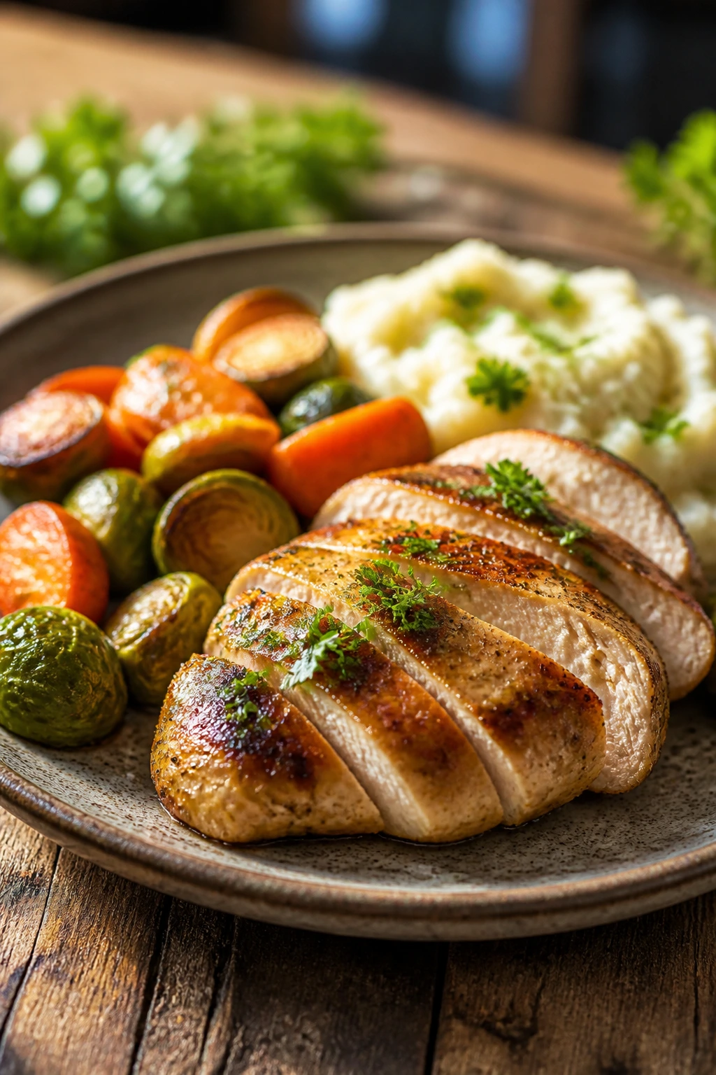 Plated family-friendly dish with garnish on rustic plate