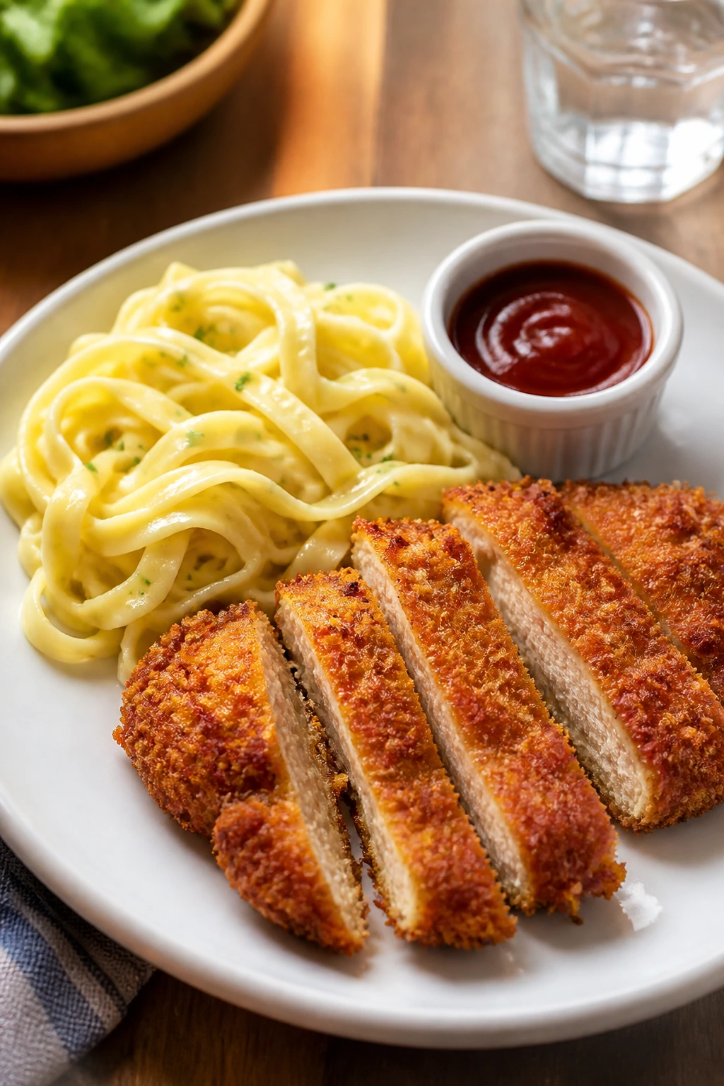 Plate showing a main, side, and dipping sauce ready to serve.