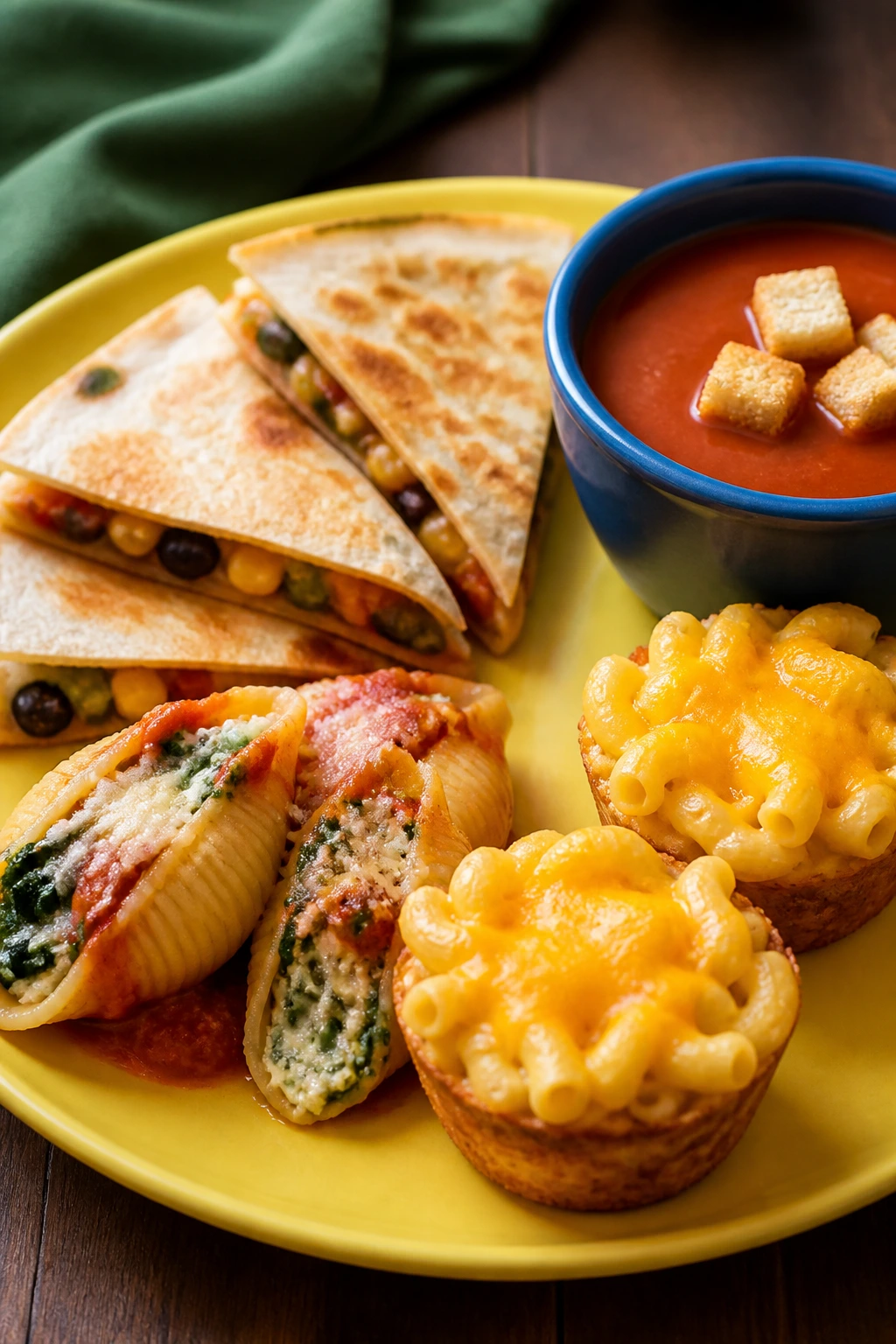 Plate with separated portions of kid-friendly meals ready to serve