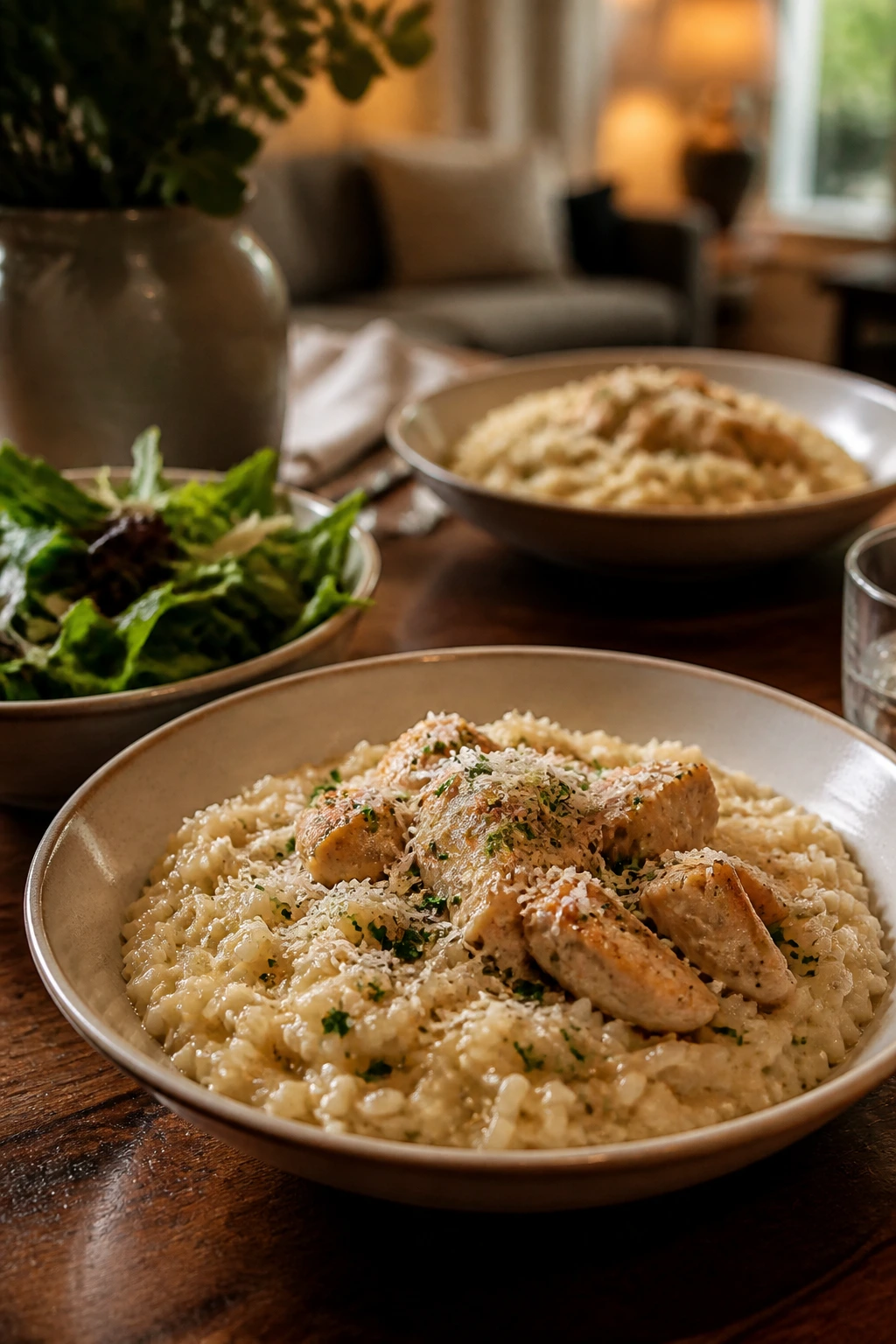 Plated creamy chicken and rice in shallow bowls with a green salad on a cozy dinner table
