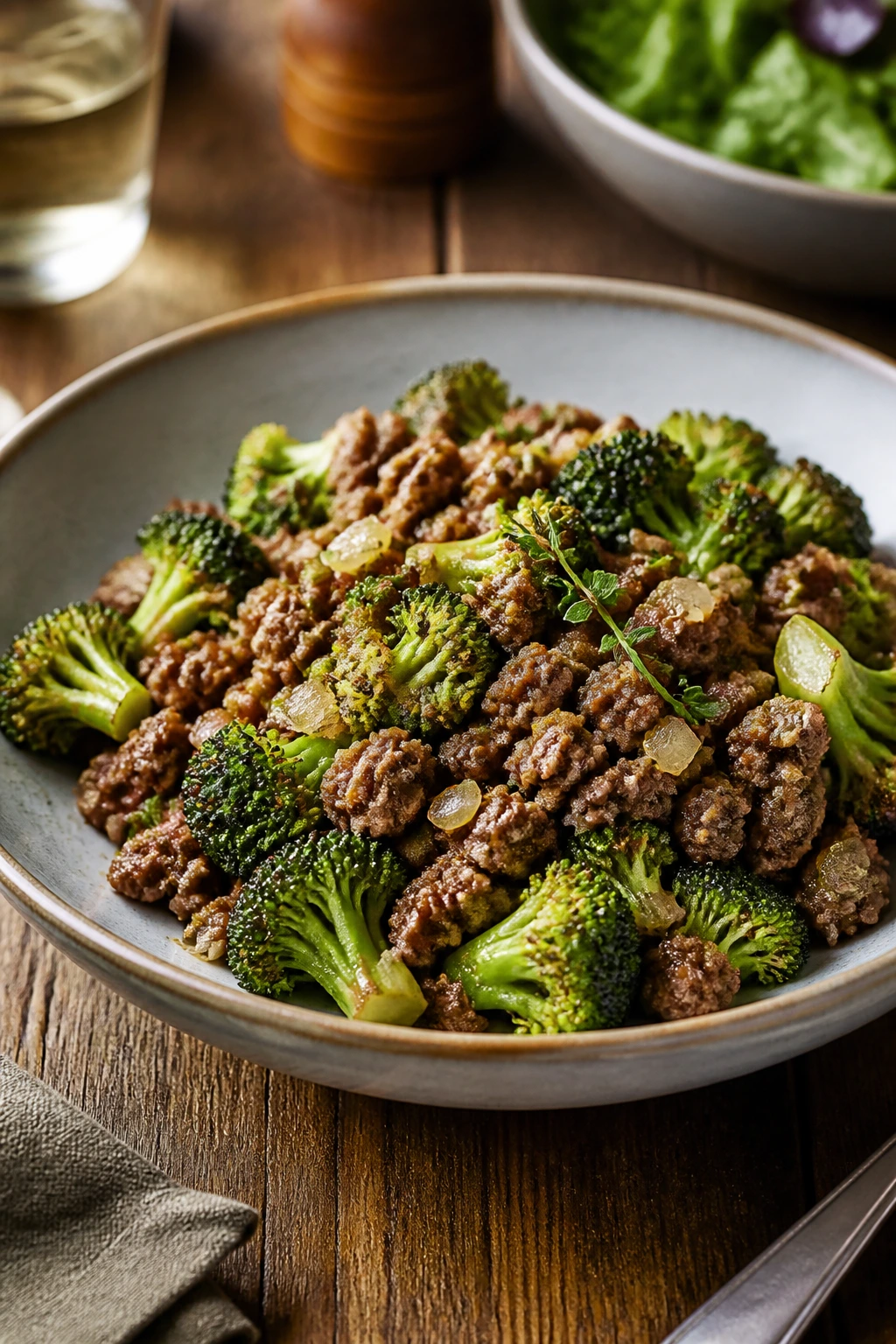 plated hamburger broccoli skillet ready to eat on a rustic table