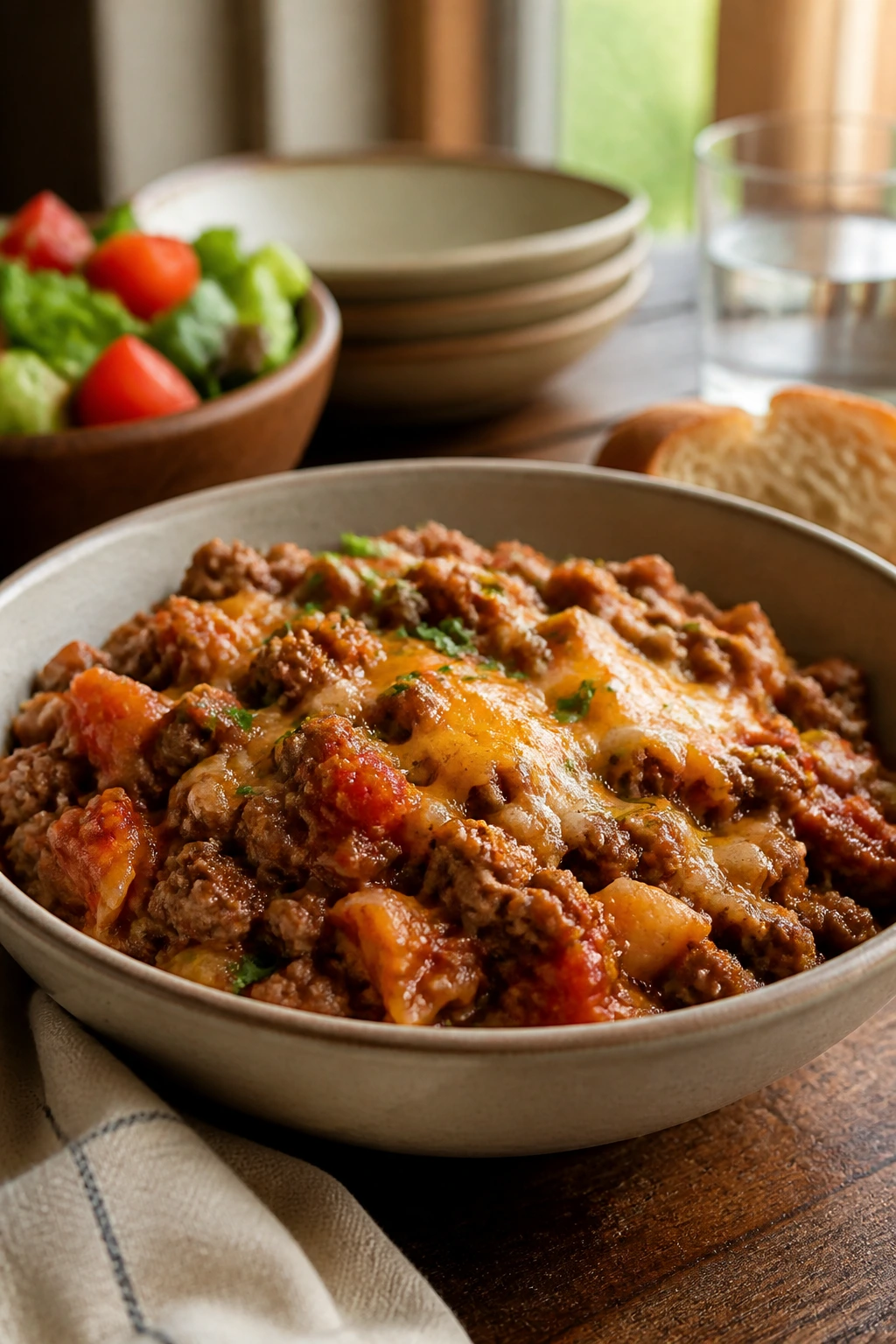 Plate of beef skillet dinner served in a shallow bowl