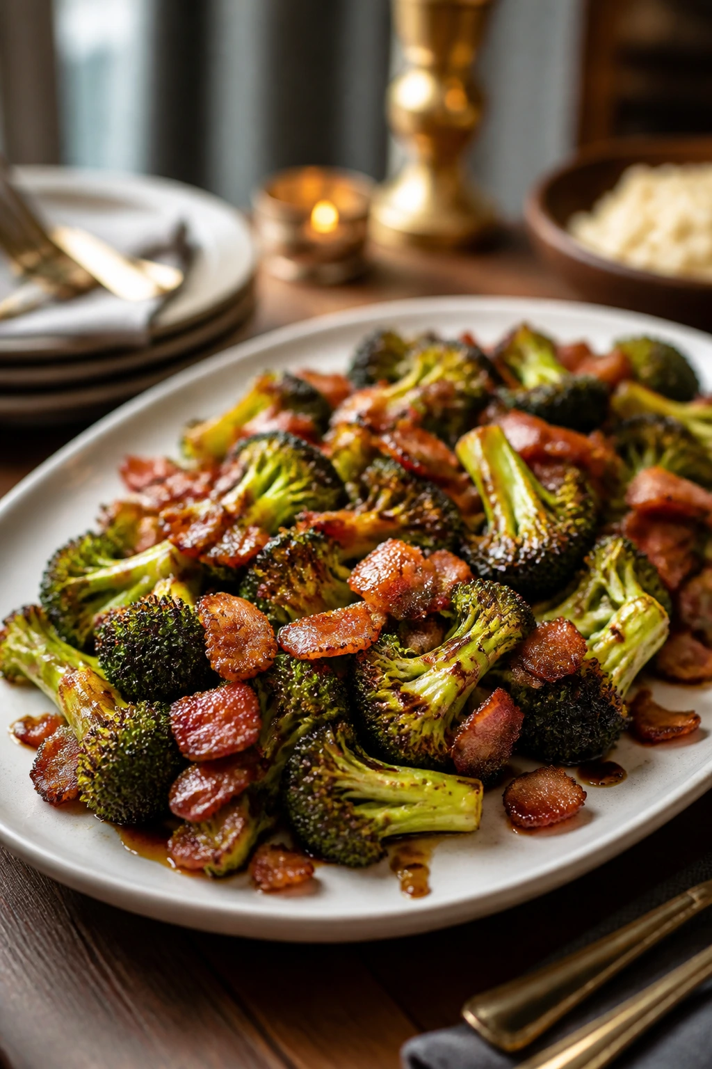 Plate of bacon and broccoli with glaze arranged on warm platter