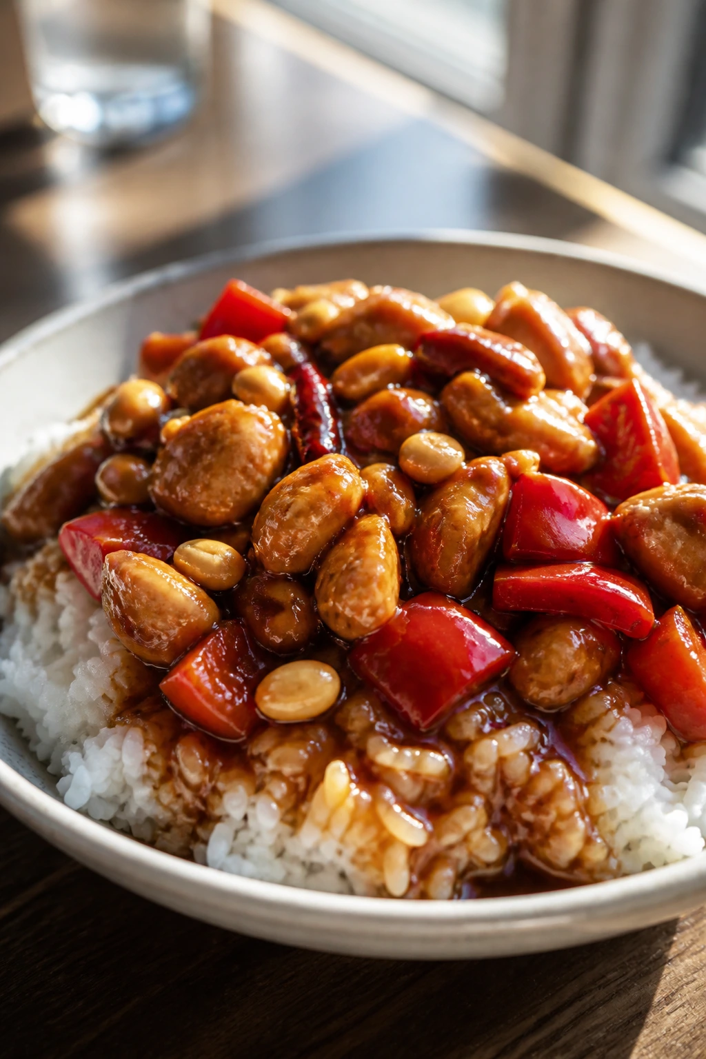 Plated Kung Pao chicken over jasmine rice with glossy sauce filling the frame