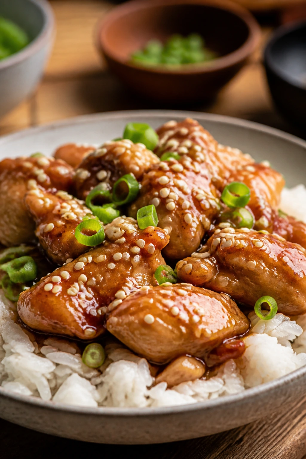 Plated chicken over rice with scallion garnish on a dining table