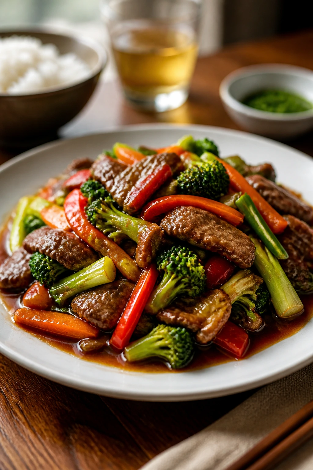 Plate of glossy stir-fry presented simply on a white plate with soft lighting