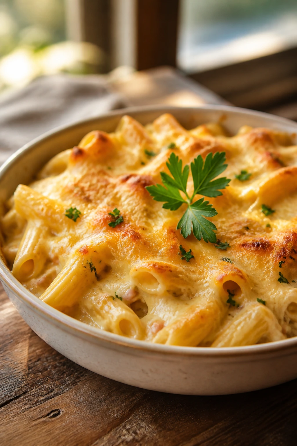 Close-up plated pasta bake with parsley garnish on wooden table