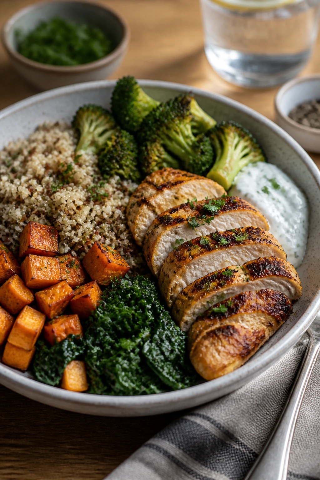 Plate of neatly arranged leftovers with grains, protein, and vegetables