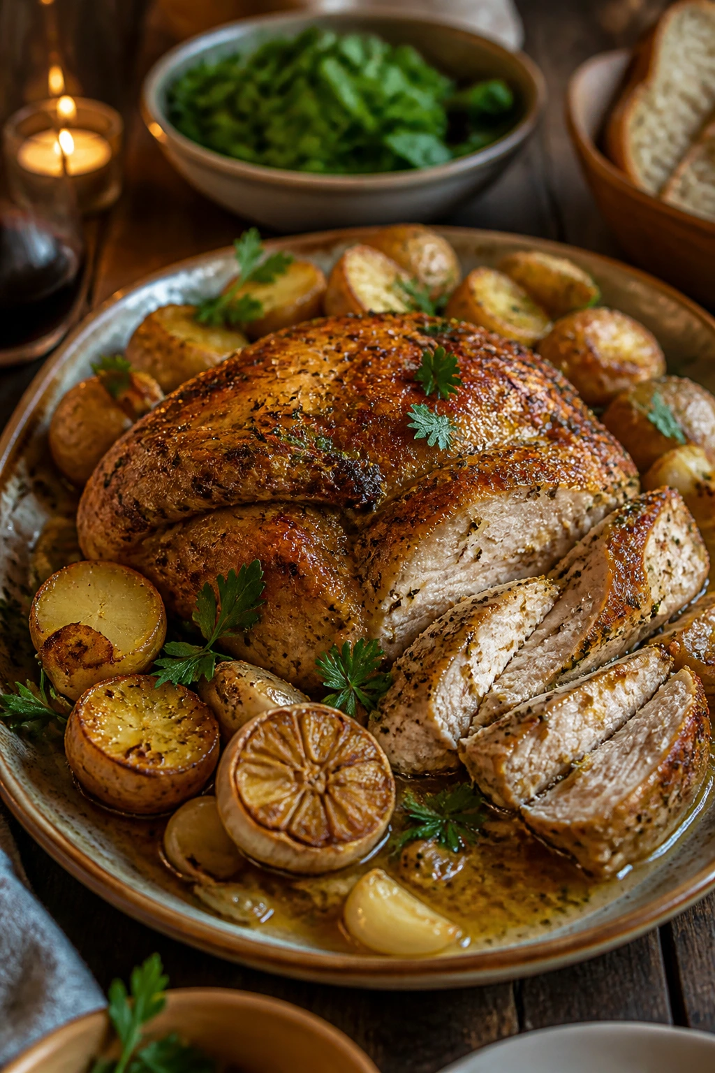 Serving platter of roasted garlic chicken on a rustic table