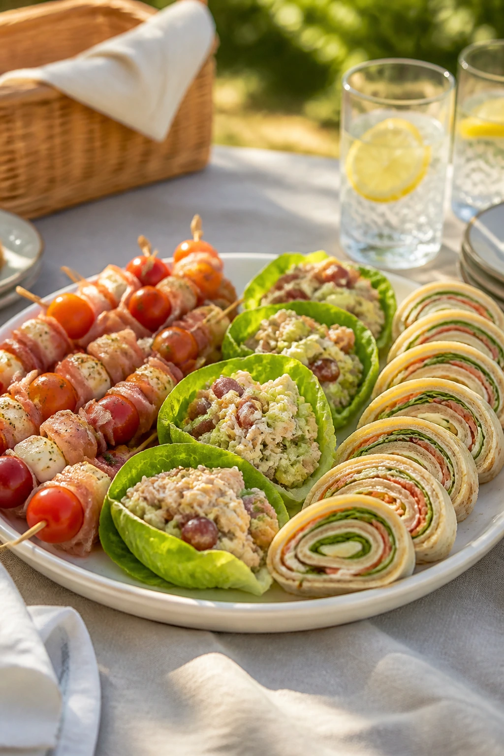 Serving platter with skewers, lettuce cups, and pinwheels for a picnic