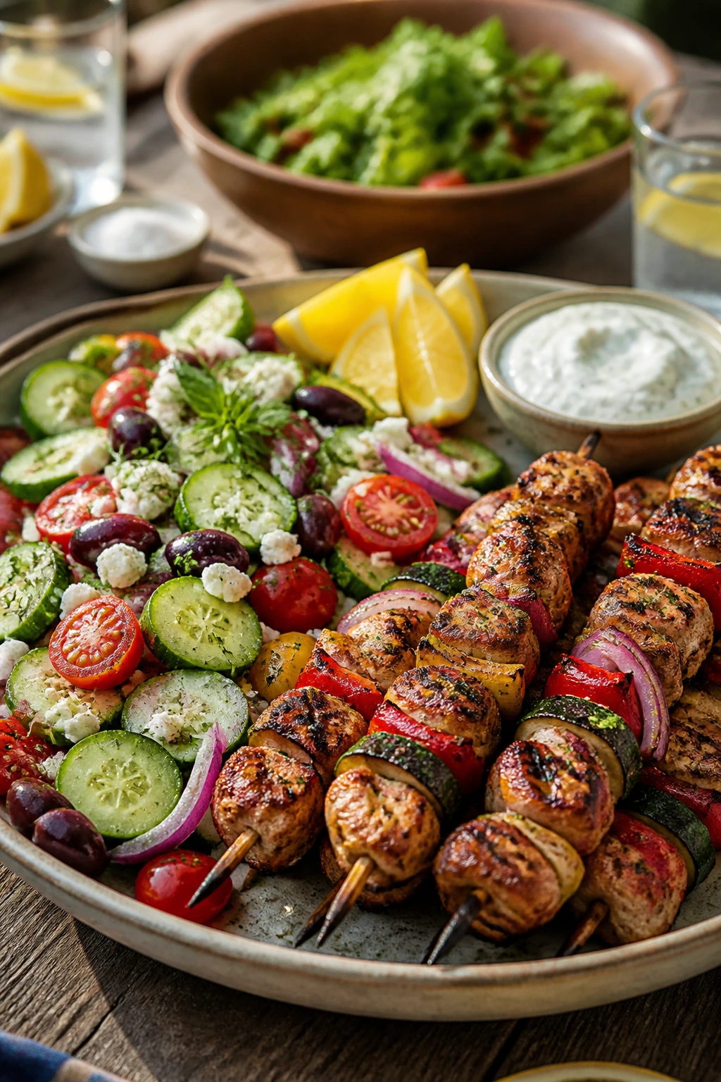 Serving platter with colorful salad and skewers on a rustic table