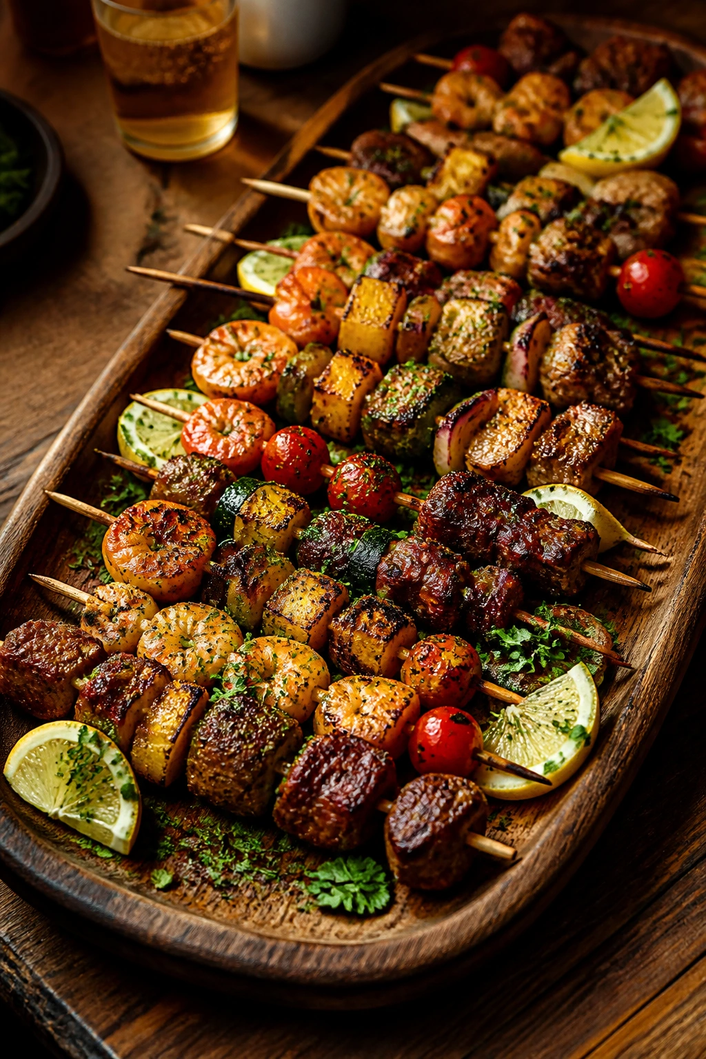 Platter of skewers arranged for serving with herbs and lemon wedges