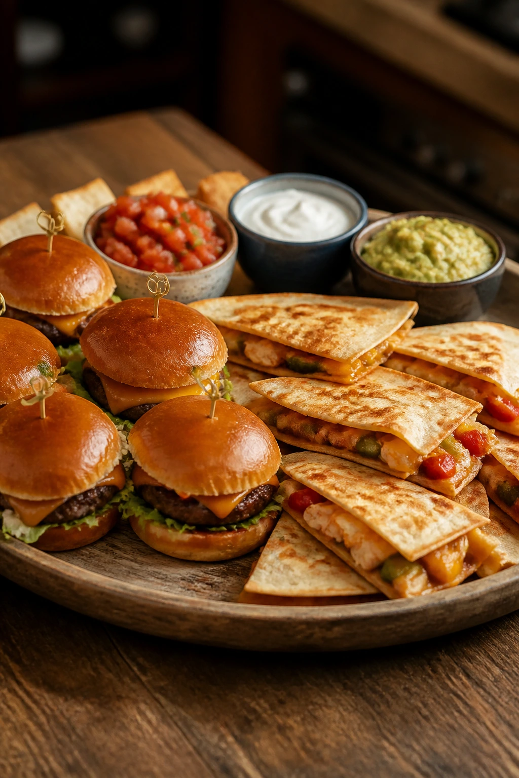 Family-style serving platter of sliders and quesadillas ready to serve.
