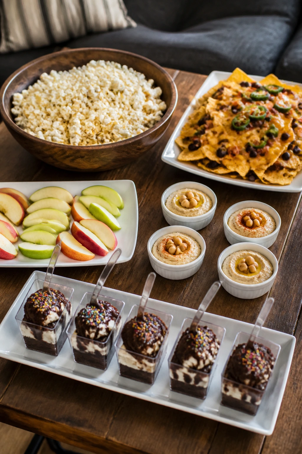 Styled table with separate snack platters for movie-night snacks.