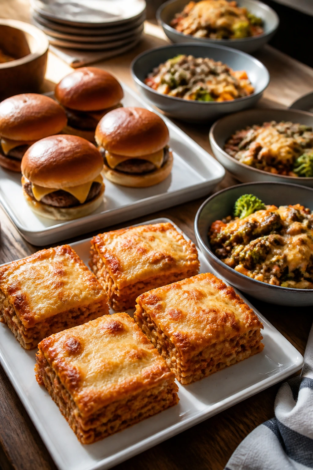 Serving-ready portions of pasta, sliders, and skillet meals on a table