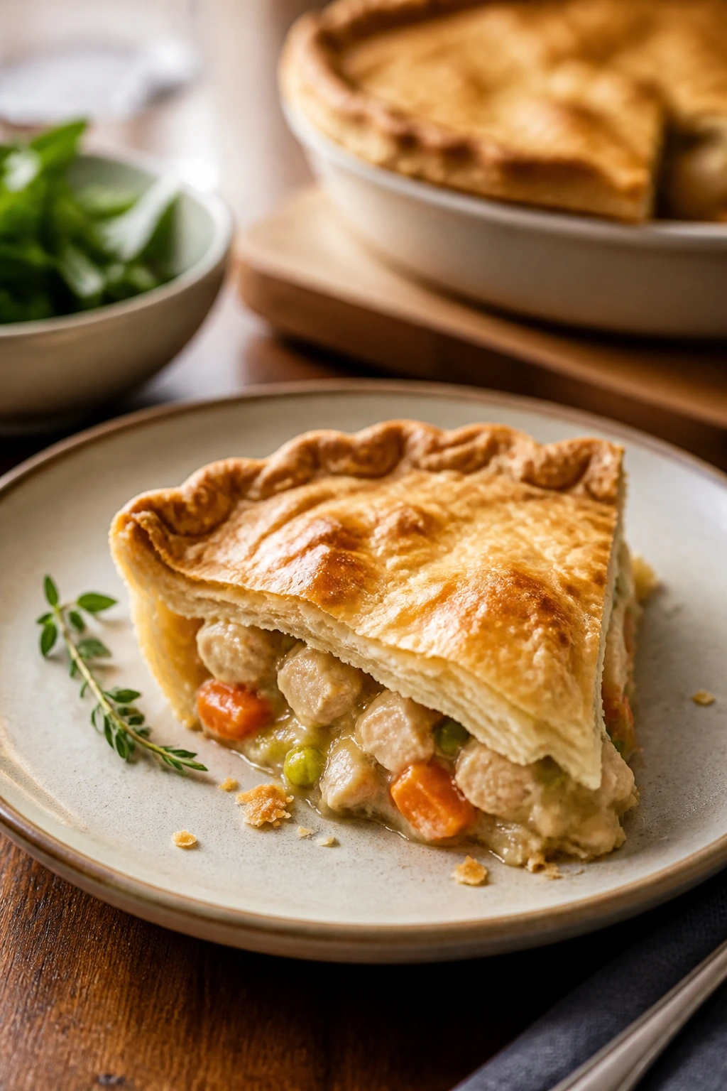 Wedge of pot pie plated and ready to serve