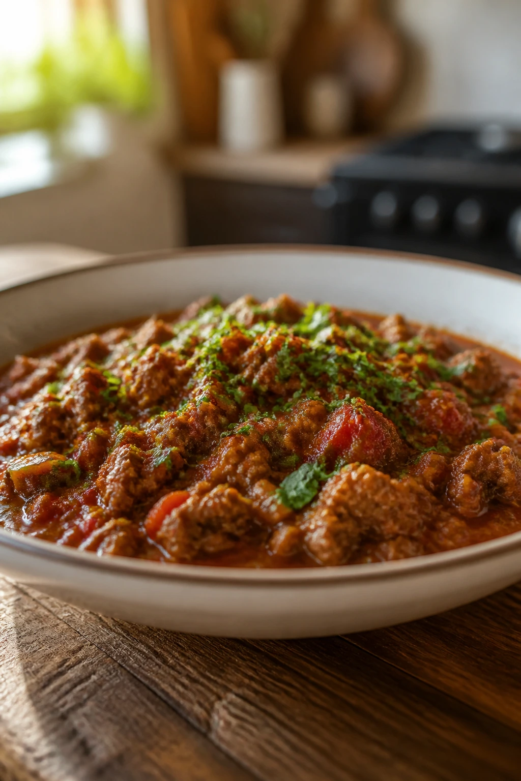 Close-up of a saucy ground beef dish in a shallow bowl with herb garnish for serving presentation