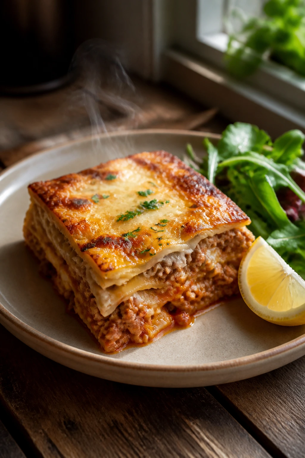 Plated casserole slice with greens and lemon on a rustic table