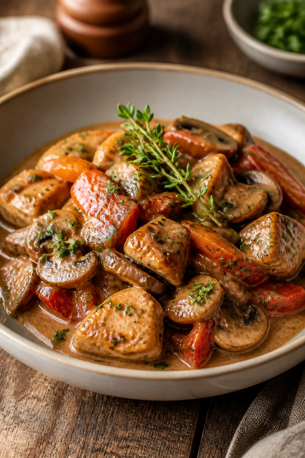 Saucy dish in a shallow bowl with herb garnish