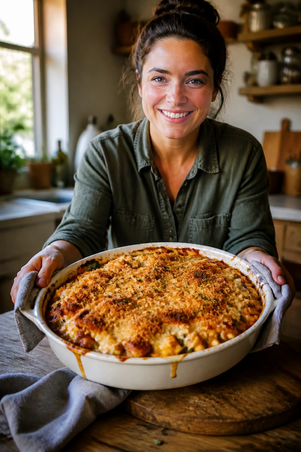 Person presenting a plated casserole in a warm kitchen.