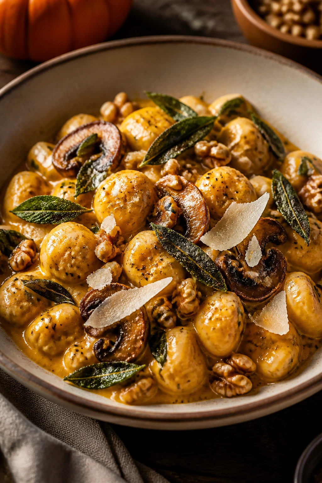 Plated pumpkin-based dish showcased in a shallow bowl with warm dining setting