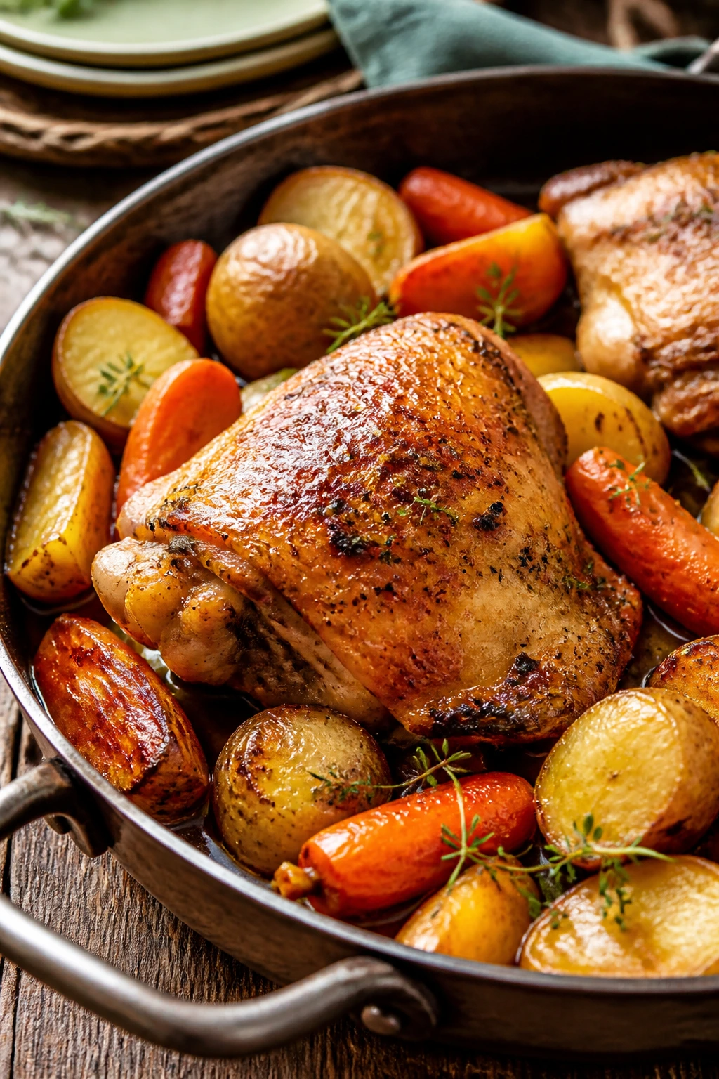 Roasted chicken thigh on potatoes and carrots in a serving pan