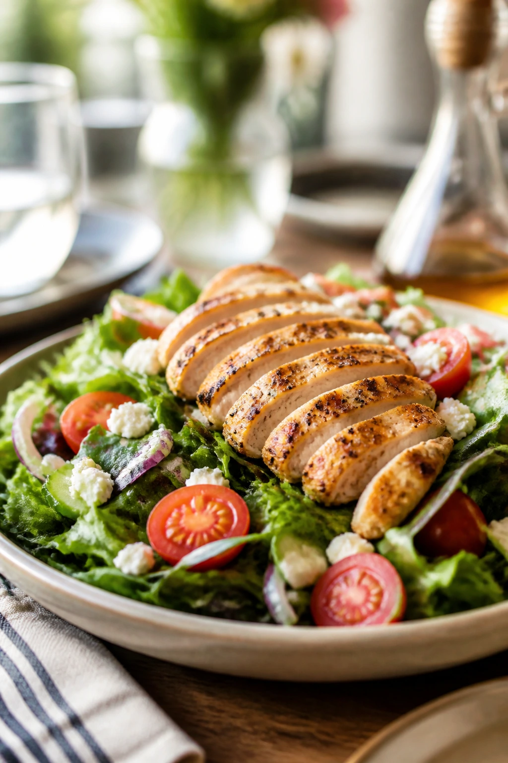 Plate of served chicken salad with greens and toppings ready to serve