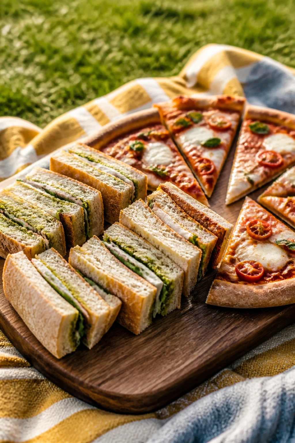 Serving board with sandwiches and pizza on a picnic blanket outdoors