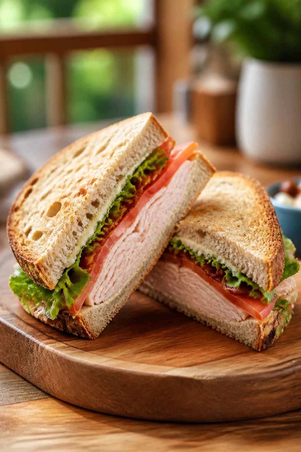 Plated sandwich halves on wooden board