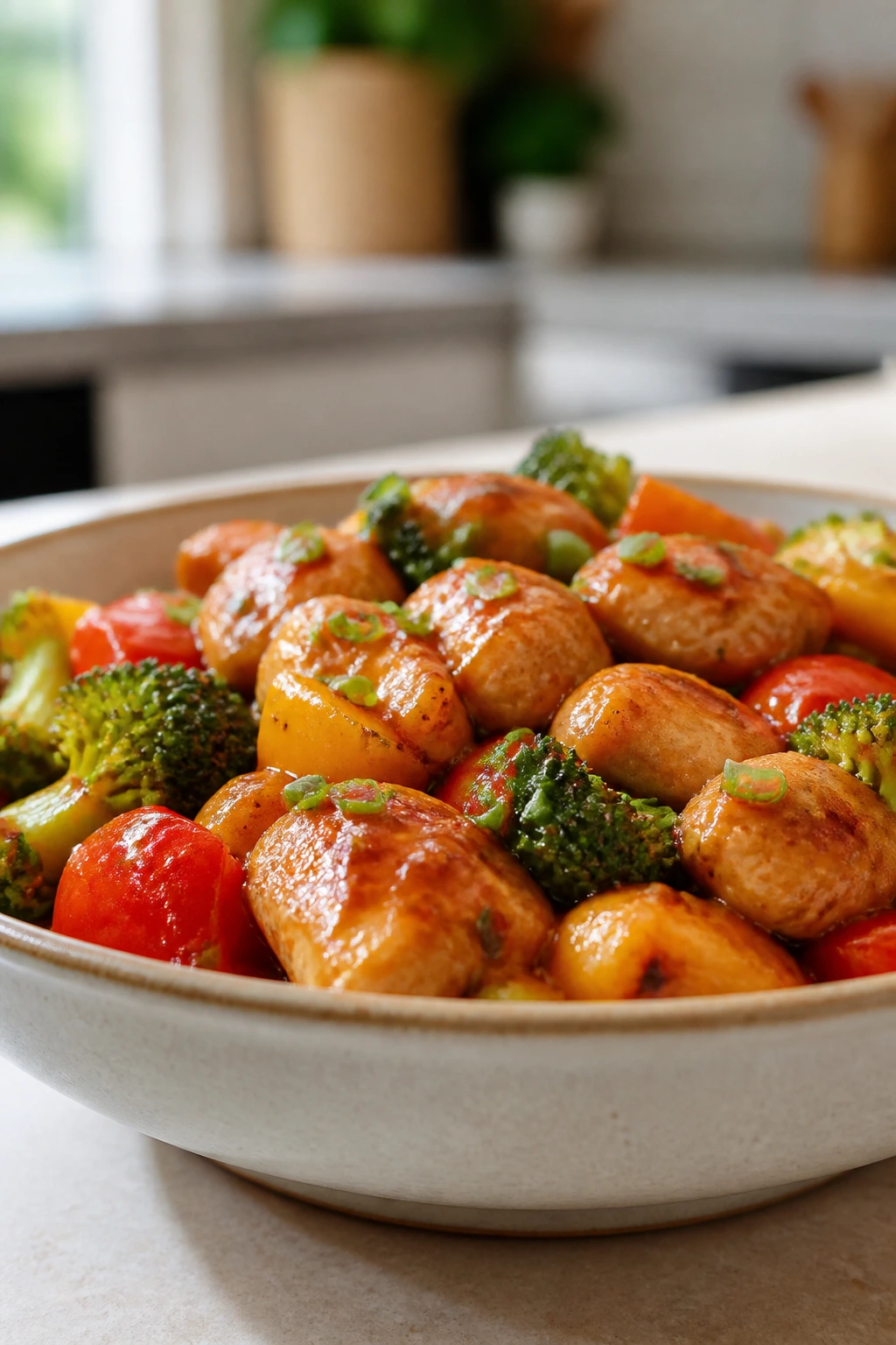 Close-up of a saucy chicken dish in a shallow bowl on a wooden kitchen counter.