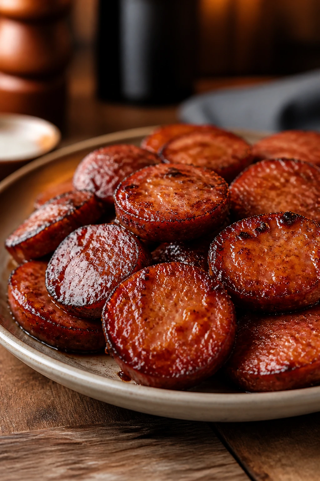 Sausage coins on a shallow platter with glossy glaze and crisp edges