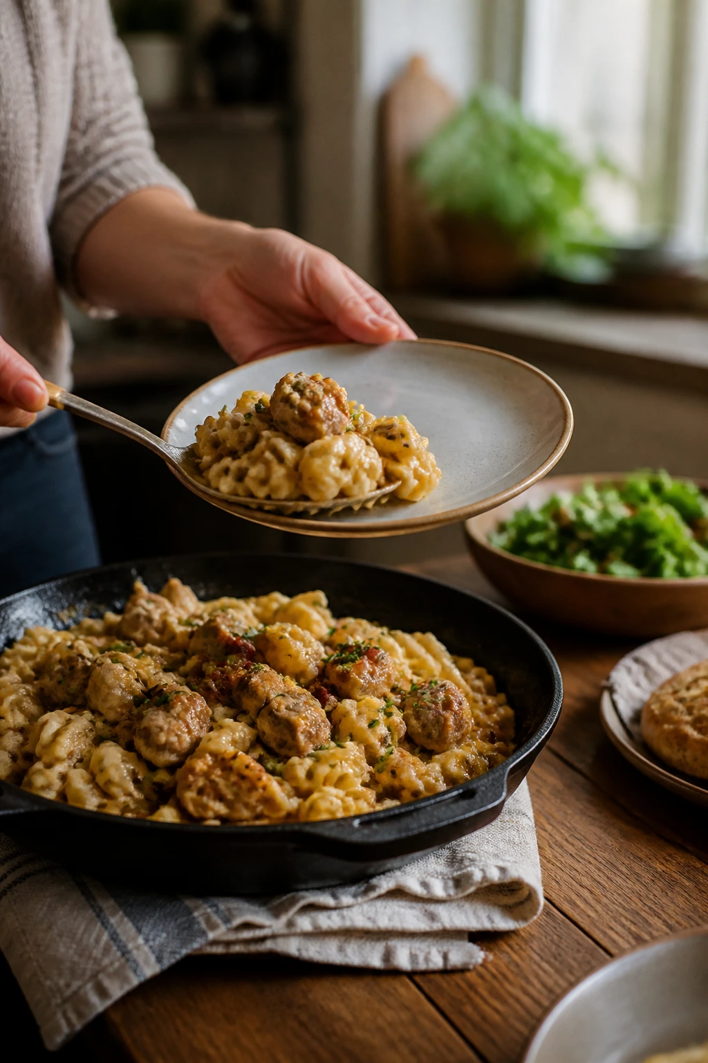 Hand serving a plate of sausage pasta from a skillet onto a plate.