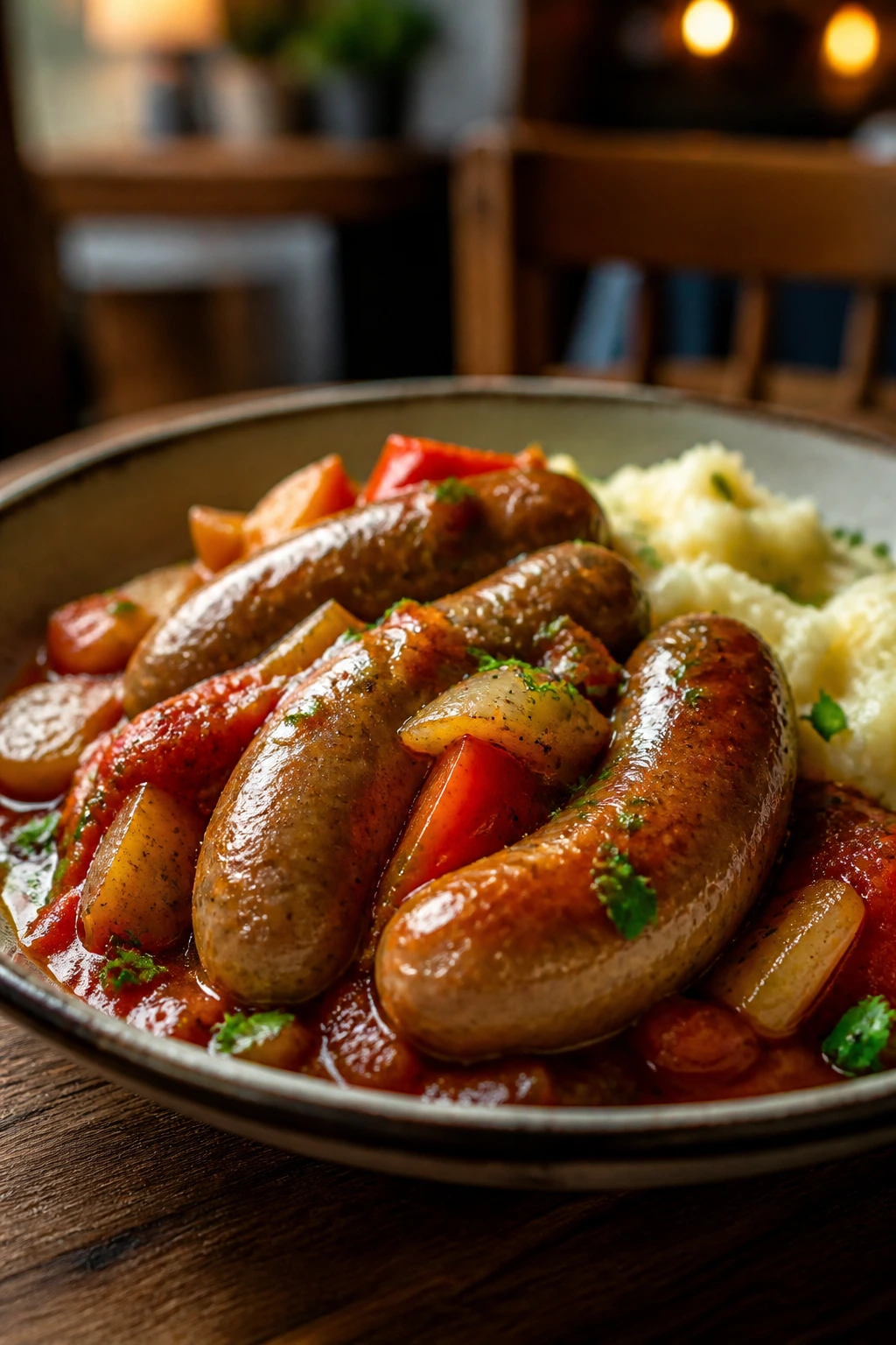 Plated sausage dish on a wooden table