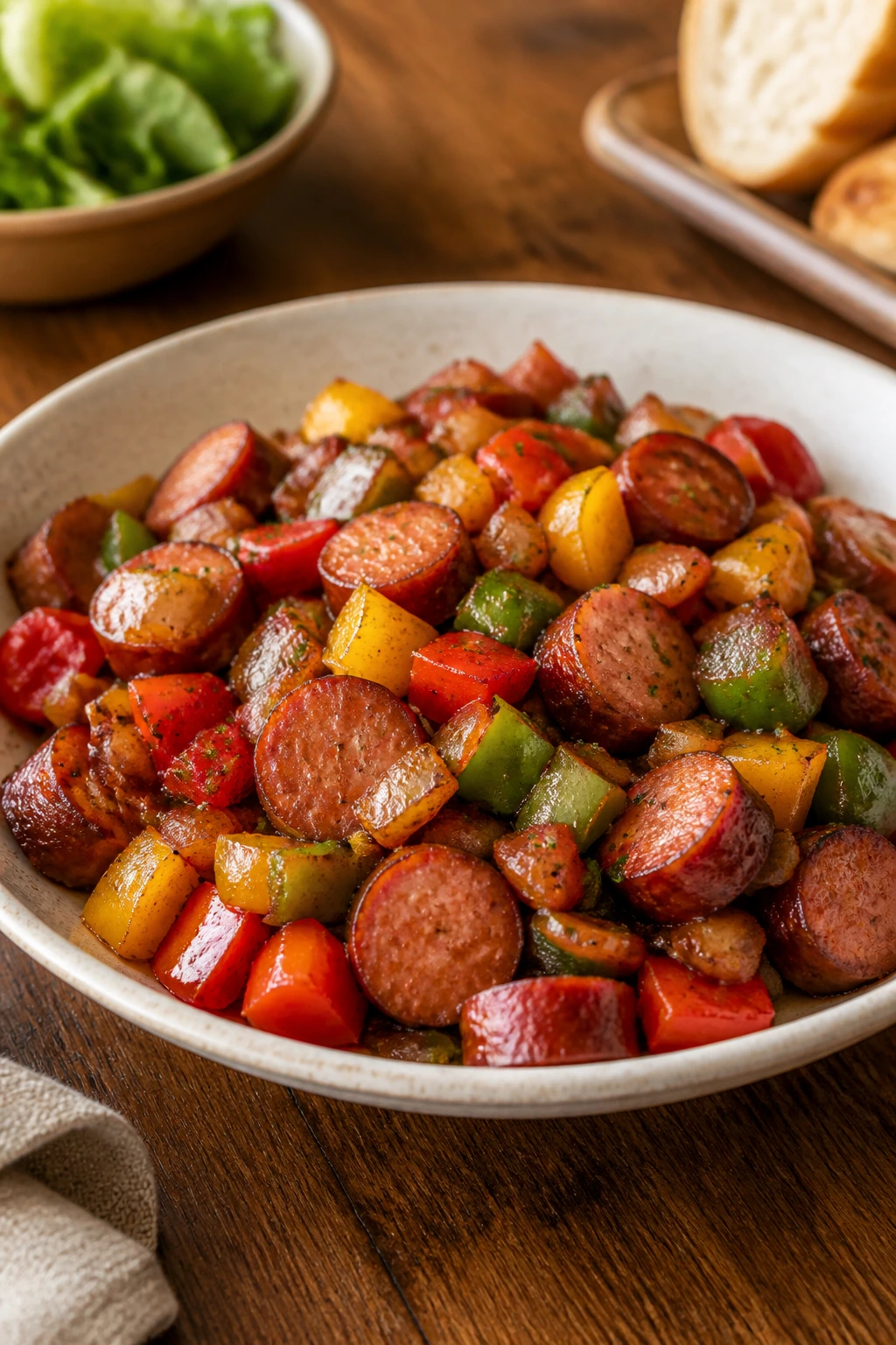 Plated smoked sausage skillet in a shallow bowl with vegetables