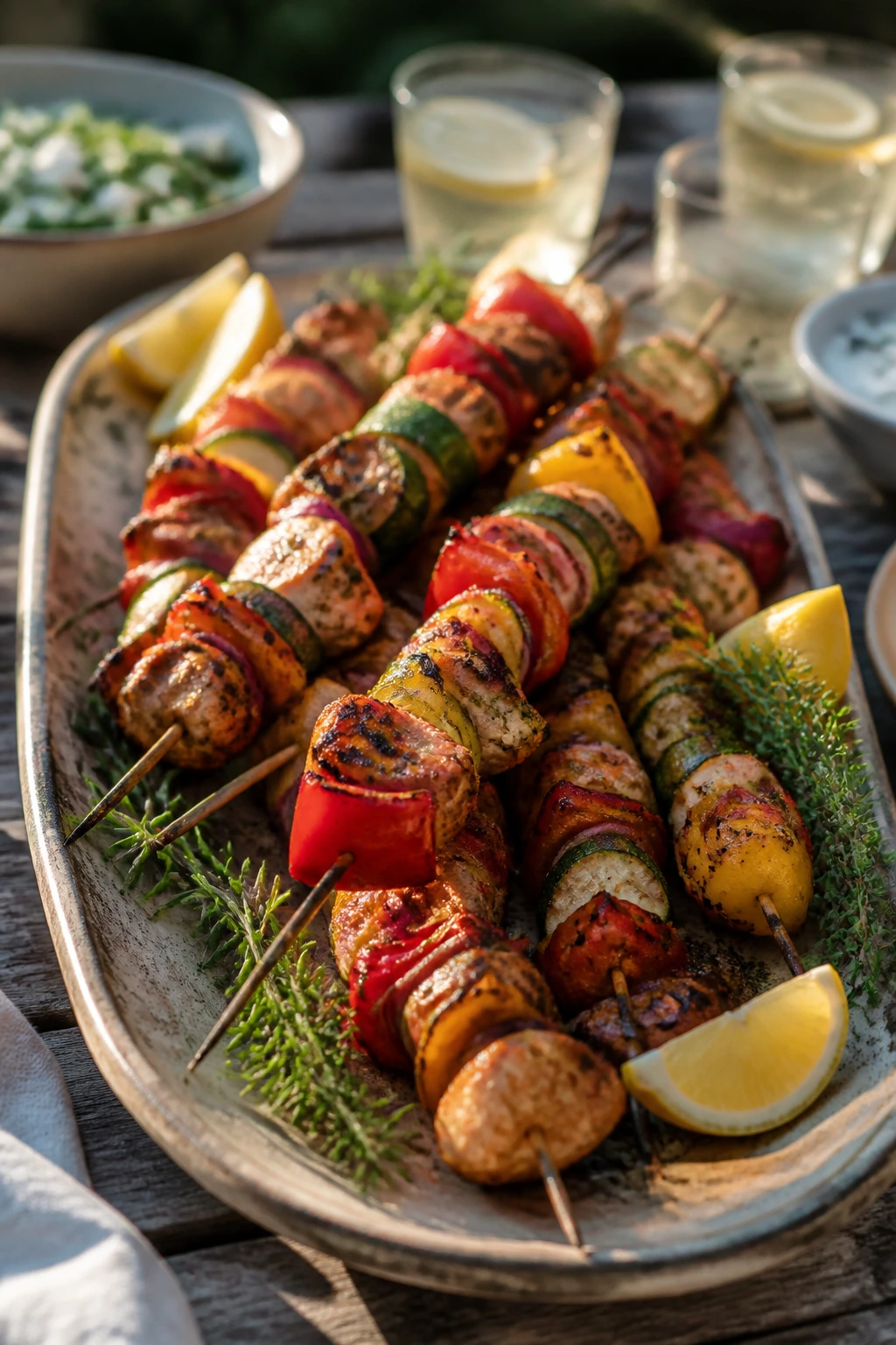 Overlapping skewers on a rustic serving platter with herbs and lemon wedges.