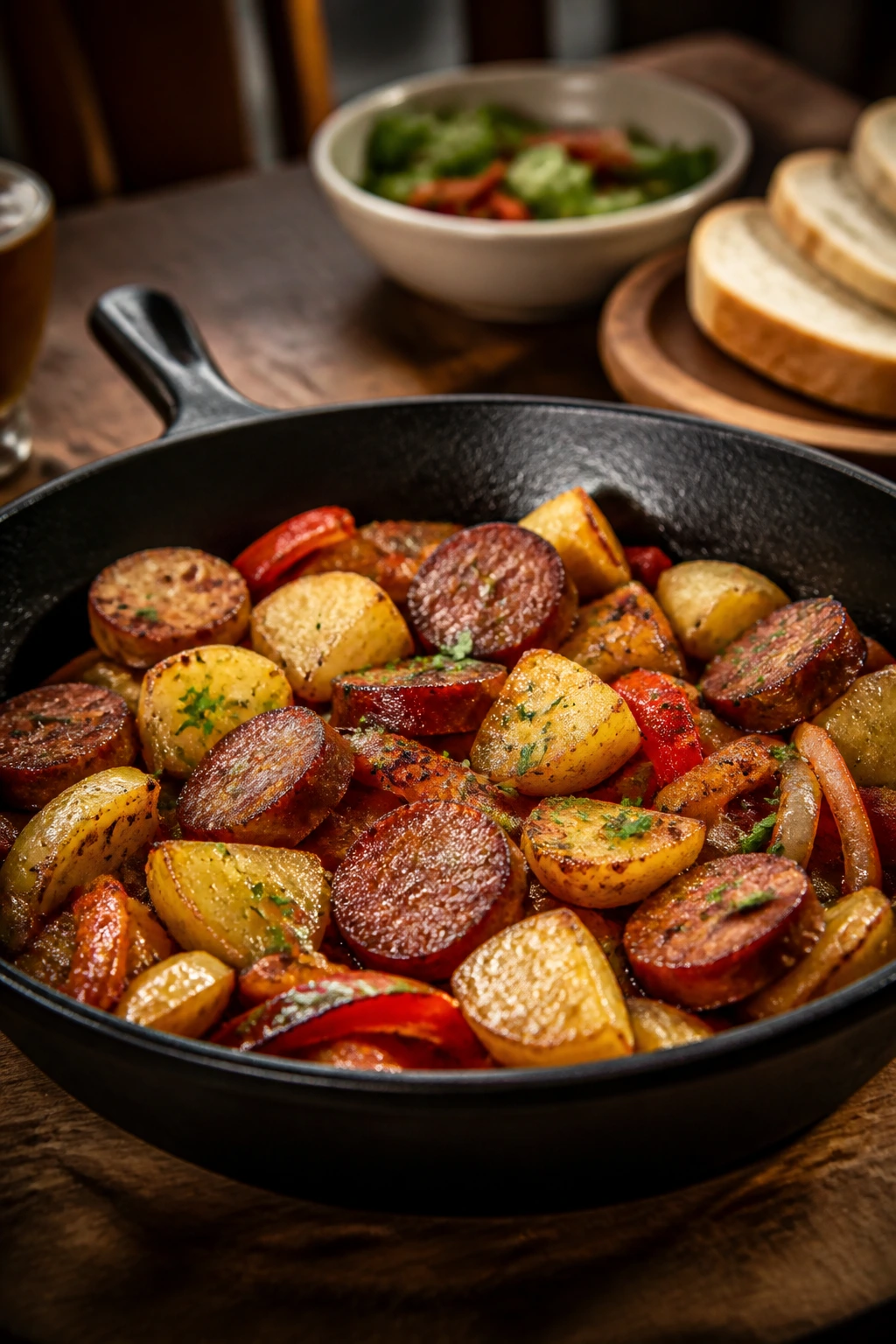 Skillet served from the pan with crispy potatoes and sausage on a warm table