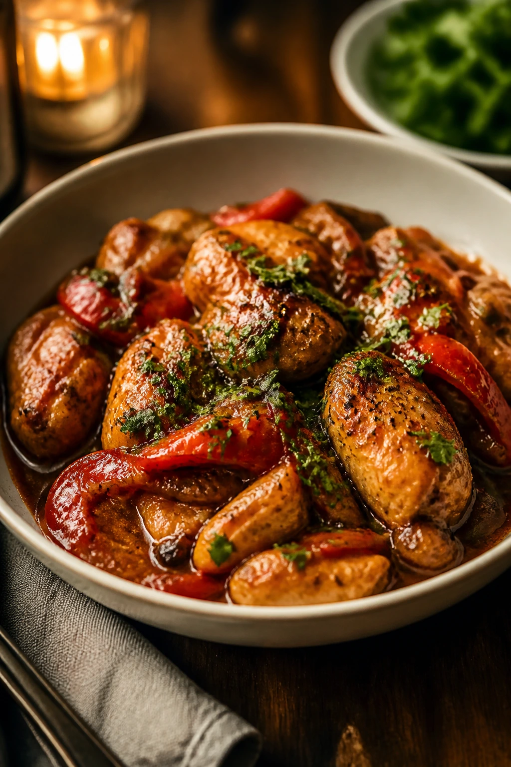 Plated saucy skillet dinner in a shallow bowl with herbs