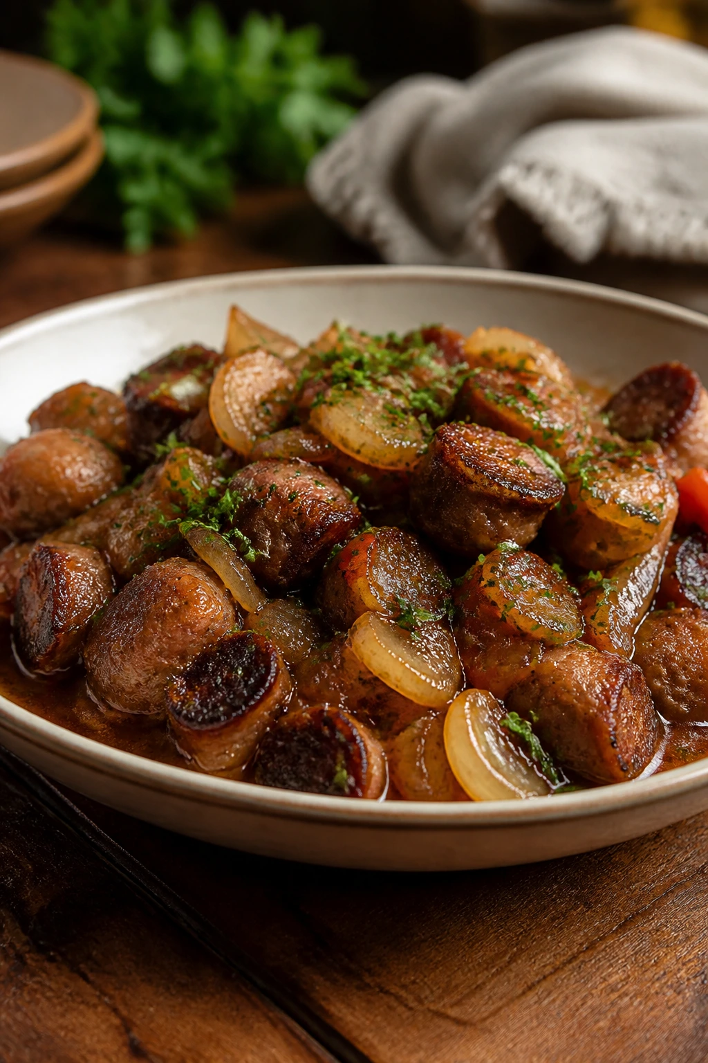 Saucy skillet dish served in a shallow bowl with herbs