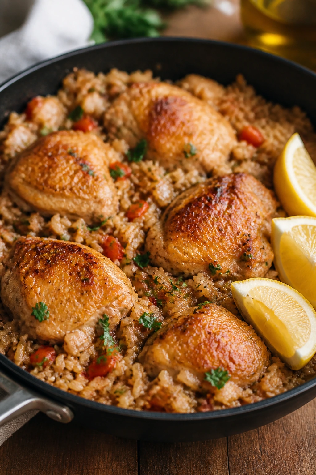 Skillet of chicken and rice served from the pan with lemon wedges.
